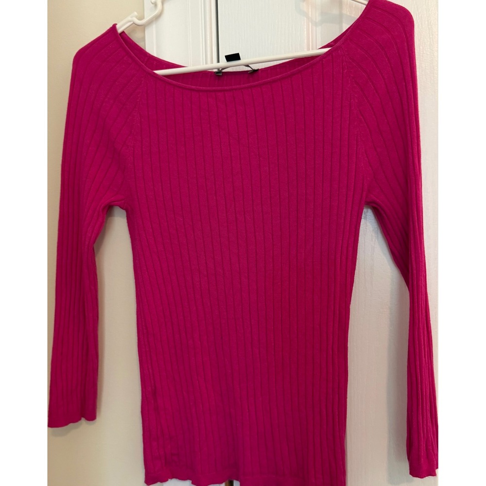 Ann Taylor Ribbed Knit Boat Neck Top Magenta Pink Long Sleeve Small
